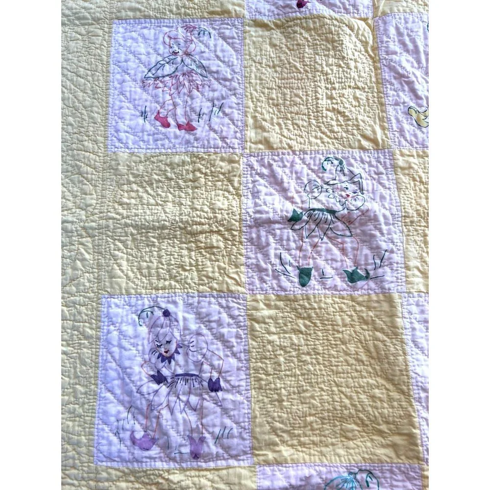 Vintage Fairy Elf Baby Blanket Quilt Hand Drawn Handmade Yellow Flaws READ